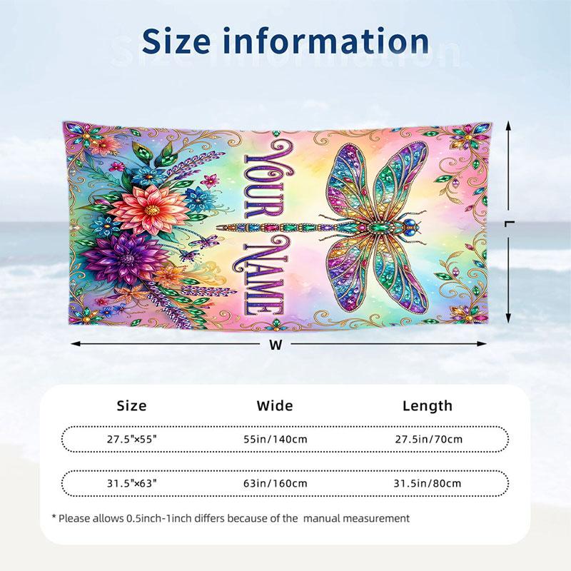 Dragonfly Dreams Bloom 1 Theme Quick Dry Beach Towel Custom Name Text Print Large Sand Resistant Towel Beach Vacation