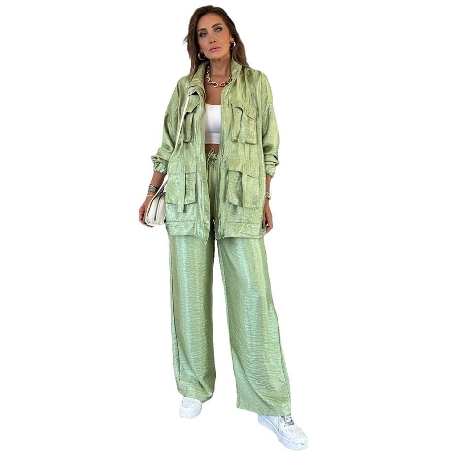 Женский костюм светло-серого цвета с брюками палаццо, курткой со стойкой, белым кроп-топом, повседневная офисная одежда