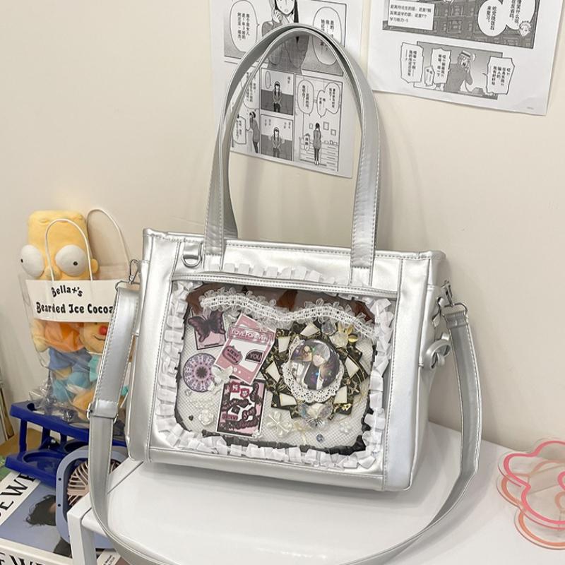 Y2K PU Large Ita Bag with Insert Women High Quality Big Clear Window Shoulder Bag Anime Pin Display Girl Bow Handbags