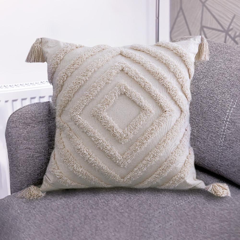 Наволочка ручной работы из тканого материала с бежевыми кисточками, наволочка в стиле бохо с кисточками, украшение для дивана и гостиной, домашний декор