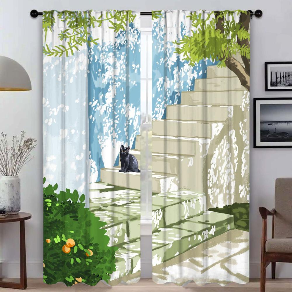 Black Cat Modern Living Room Curtains 2 Pieces Halloween Decoration Window Curtain Shades Kitchen Curtains for Camera Partition