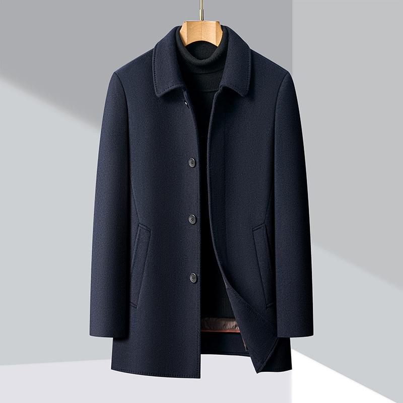 Зимнее толстое двухстороннее шерстяное пальто для мужчин среднего возраста, шерстяное пальто, пуховый наряд для папы, кашемировая ветровка средней длины для мужчин