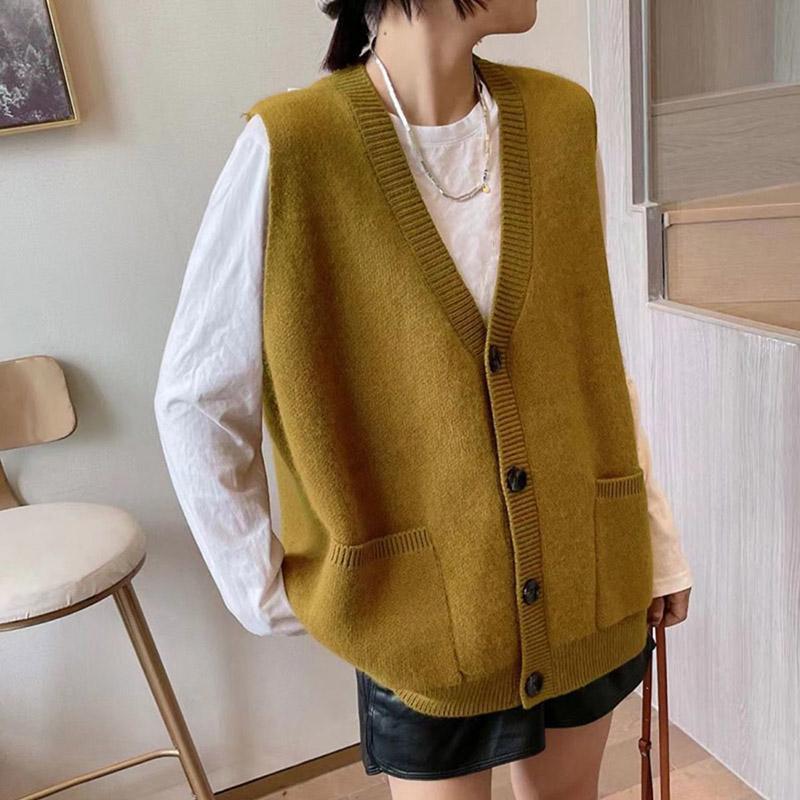 Вязаный жилет, женский осенне-весенний кардиган с v-образным вырезом, свободный однотонный свитер без рукавов, жилет