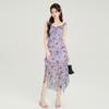 French butterfly print ruffle edge suspender dress for women 2024 summer collection, waist cinching and slimming style long skirt