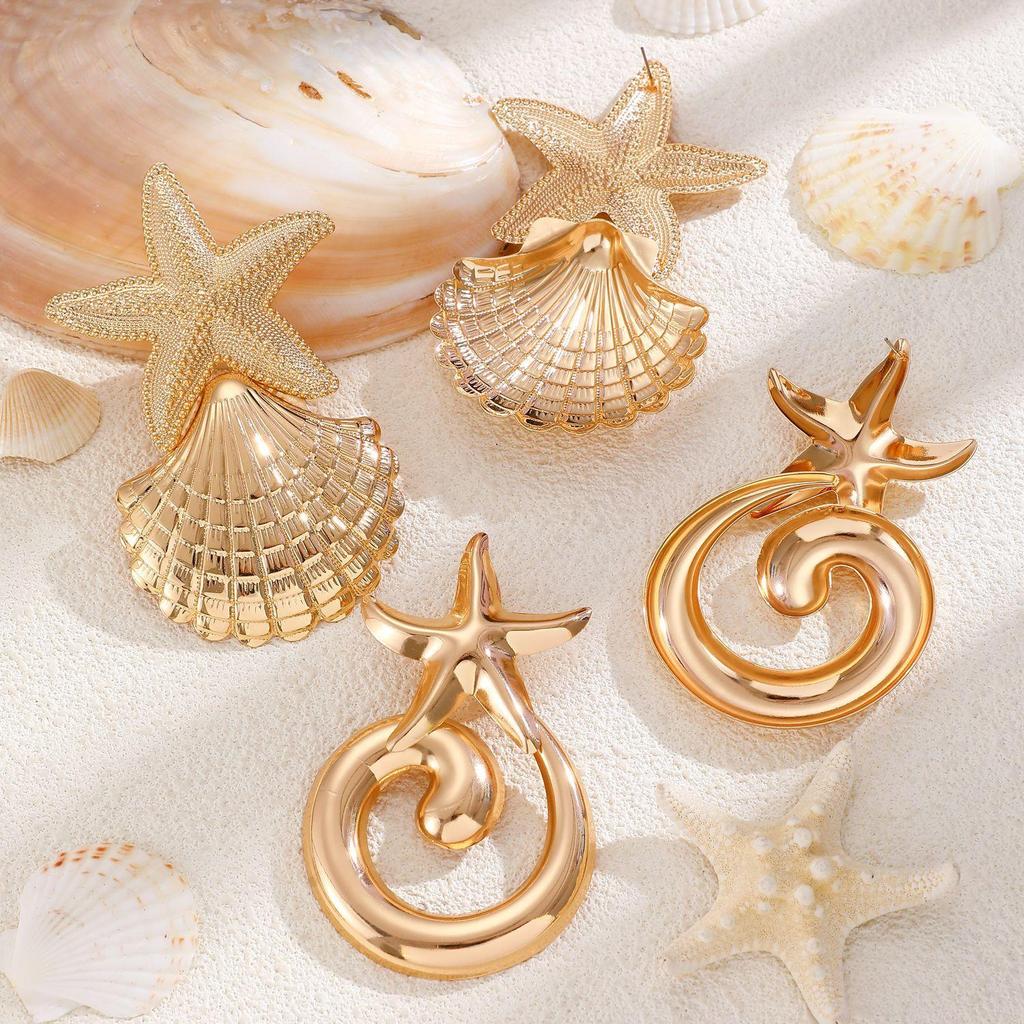 Bohemian Ocean Beach Vacation Style Exaggerated Starfish Shell Texture Earrings For Women