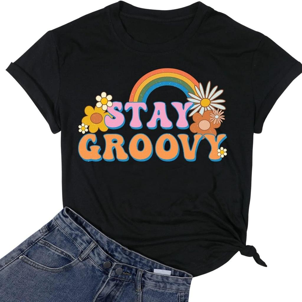 Женская футболка Stay Groovy с радужным цветочным принтом, хиппи 70-х, повседневная футболка с коротким рукавом