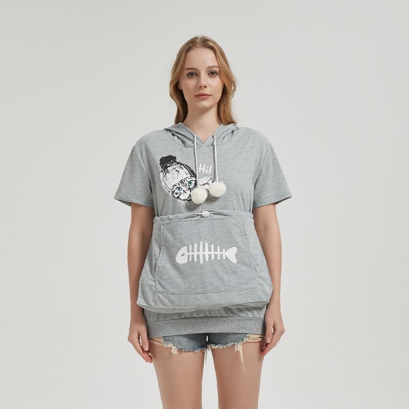 Women's Summer Short-sleeved Large Pocket Cartoon Printed Casual Drawstring Hooded T-shirt