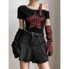 Summer Star Patchwork Crop Tops Plaid T Shirt Women Fashion Off Single Shoulder Y2k Tee OverSleeve Fairy Grunge Shirts