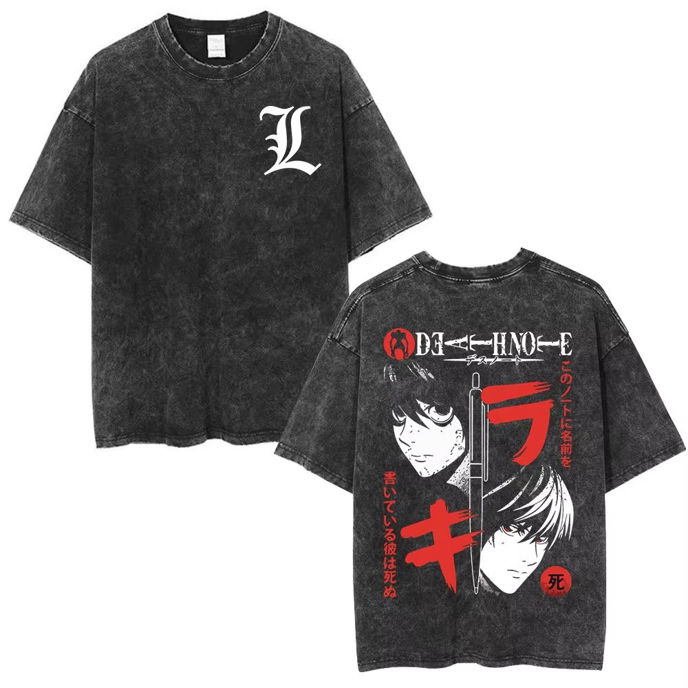 Vintage Washed Death Note Anime Tshirt Men Women Loose Cotton Casual Graphic Short Sleeve Summer Streetwear Top 2026 Hot Sale
