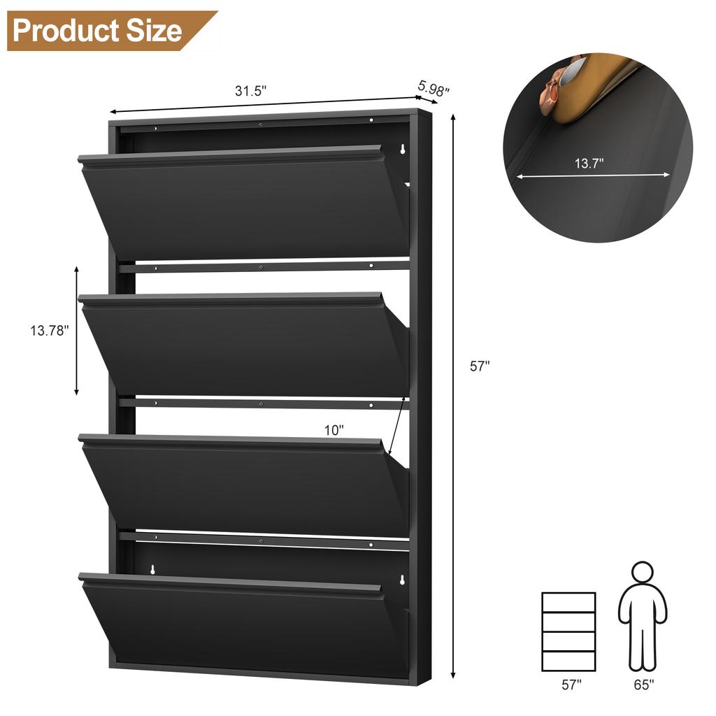 Metal Shoe Cabinet with 4 Flip Drawers, Wall Mounted Shoe Organizer, Narrow Slim Hidden Shoe Rack Storage for Entryway, Black