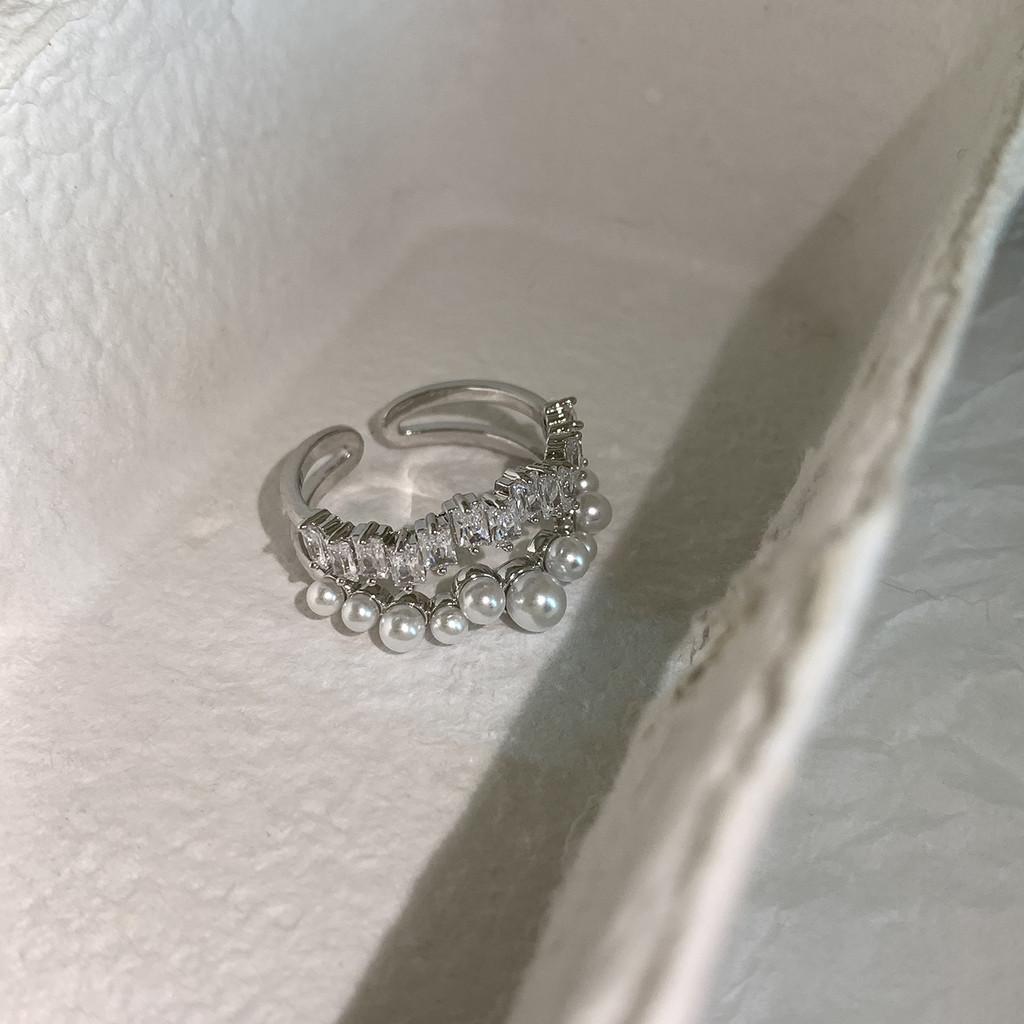 Elegant Vintage Style Double Layer Open Ring With Zircon And Pearl For Women