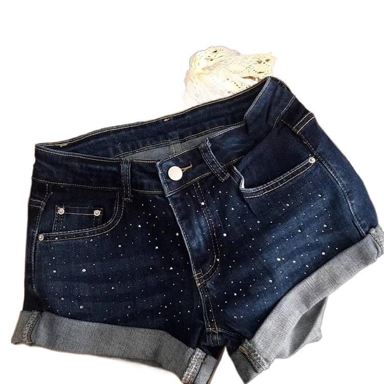 Женские темно-синие джинсовые шорты-hotpants с блестками, на низкой талии, А-силуэта, облегающие