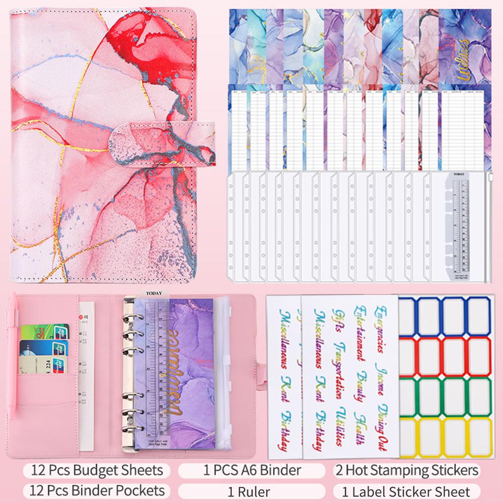 A6 Budget Binder with Marble Pattern PU Leather Notebook Cover Zipper Envelopes Lable Stickers Ruler Used as Money Organizer System Bill Money Card S