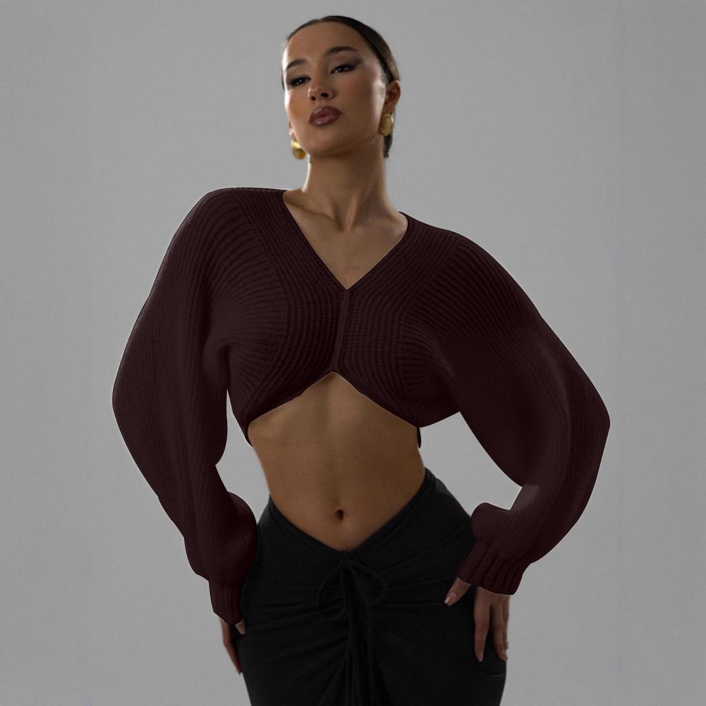 2025 European & American Fashion V-Neck Cropped Knit Sweater