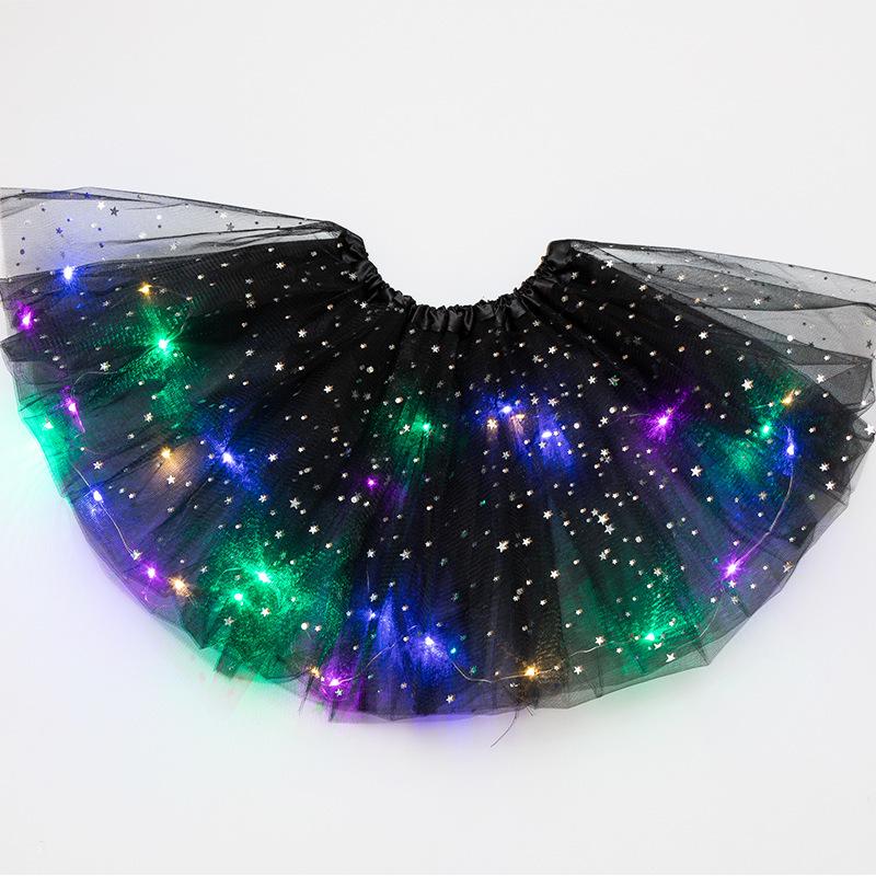 LED Fairy Lights Sequin Star & Moon Mesh Skirt for Kids - Glowing Performance Dancewear