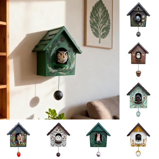 Whimsical Kinetic Art Birdhouse Wall Decor Handmade Wooden Decorative Wall Ornament Patchwork Garden Decoration