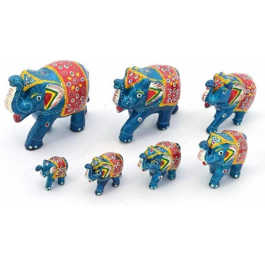 Последовательность слонов 7 предметов Канха Джи Пуджа Комната и подарочный предмет для дома Декоративный экспонат - 10 см  (Папье-маше, светло-голубое)