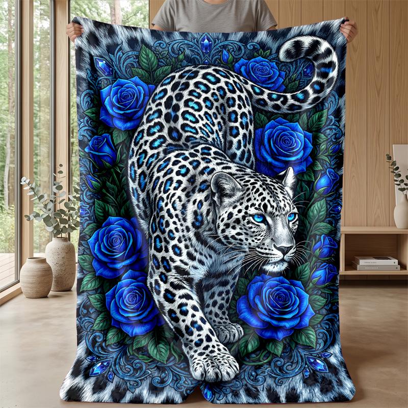 Blue Leopard and Roses blanket Personalized Name Flannel Blanket Soft Cozy Plush Throw for Sofa Bed Lightweight Home Decor