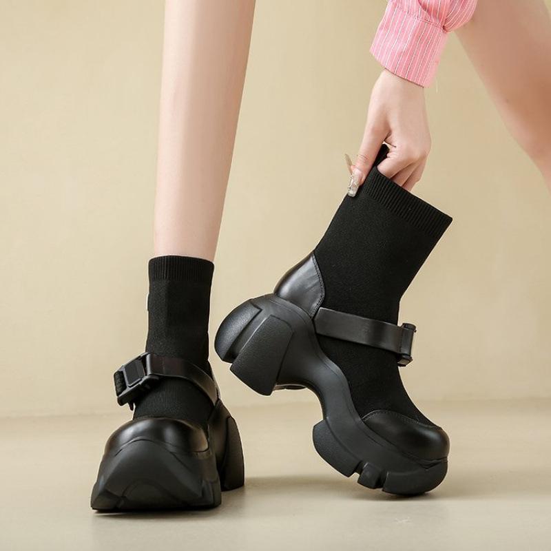 2024 осень спортивные и любительские короткие ботинки на платформе корейская версия Chelsea толстый каблук ботинки Martin вязаные дышащие тонкие ботинки