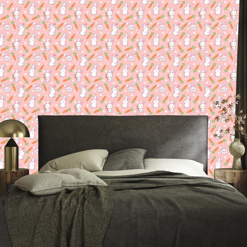 Rabbits Wallpaper Coral, White and Peach for Living Room and Bedroom 50x1000