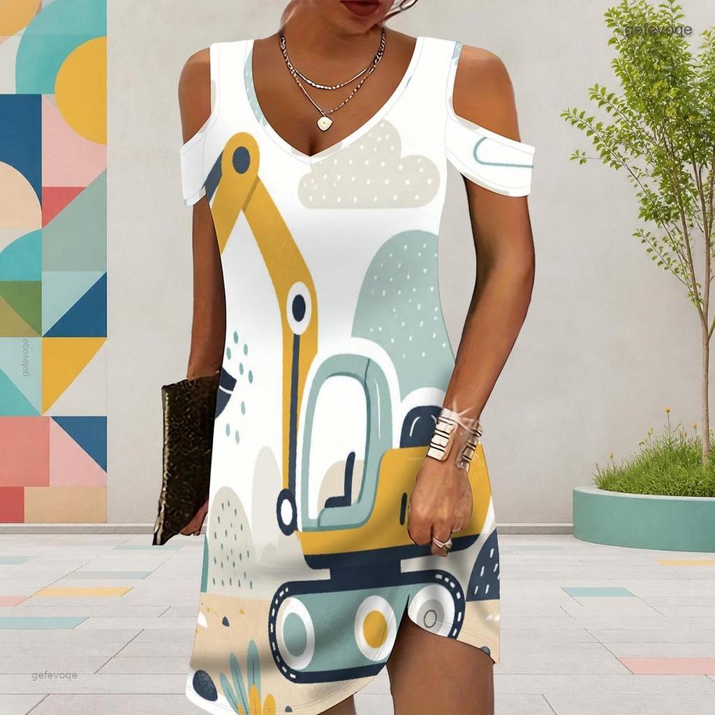Women Plus Size V Neck Cold Shoulder Short Sleeve Cartoon Construction Vehicle Printed White Dress