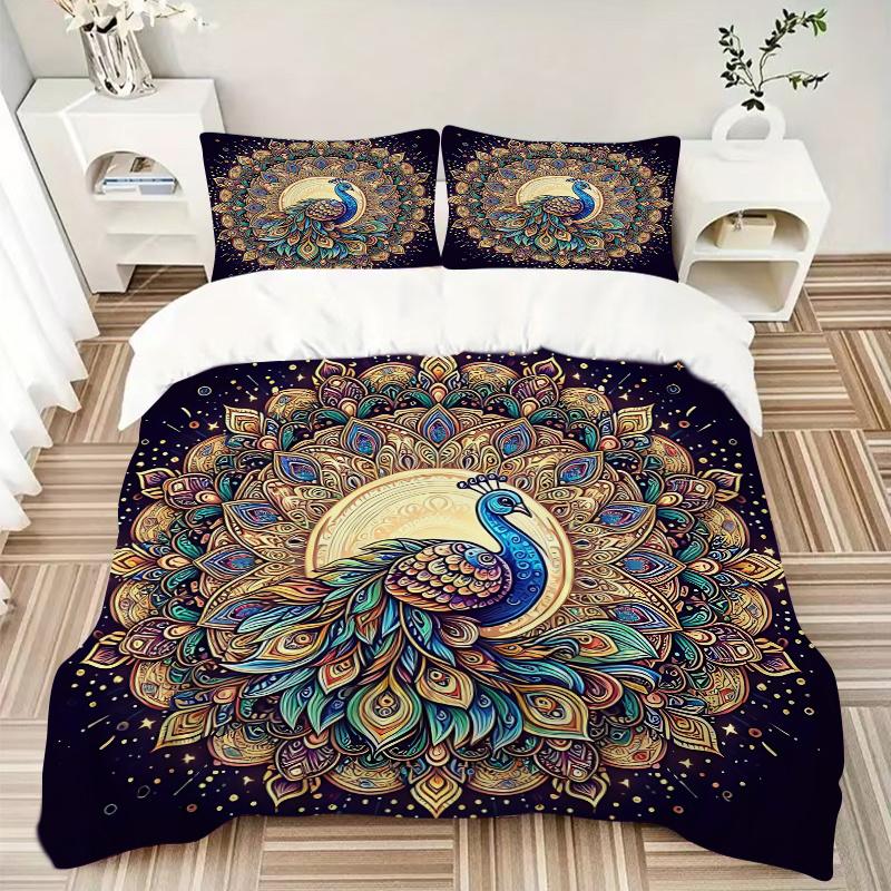 3pcs Beautiful Peacock Printed Quilt Set - Includes 1 Quilt Cover and 2 Pillowcases, Machine Washable - Suitable for All Seasons.W003