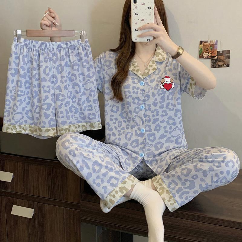 High-end leopard print imitation cotton pajamas women's spring new fashion temperament ins short-sleeved three-piece loungewear