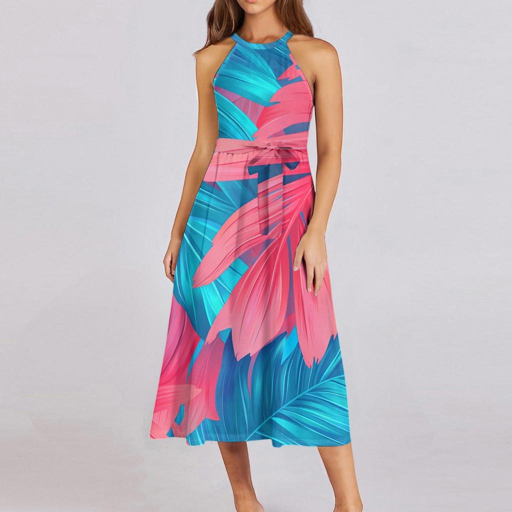 Женское повседневное платье миди с круглым вырезом, классическое, повседневное, без рукавов, свободное платье в стиле бохо с завязками, летний пляжный сарафан