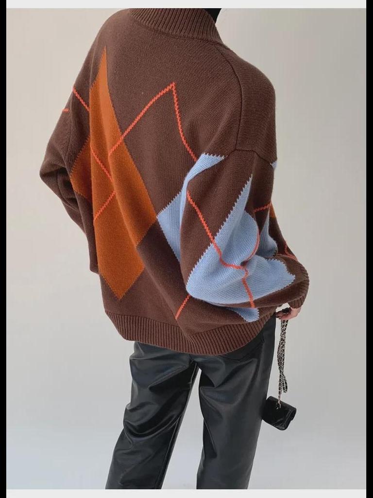 Hongshan Women's Brown V-Neck Diamond Pattern Wool Blend Cardigan Sweater