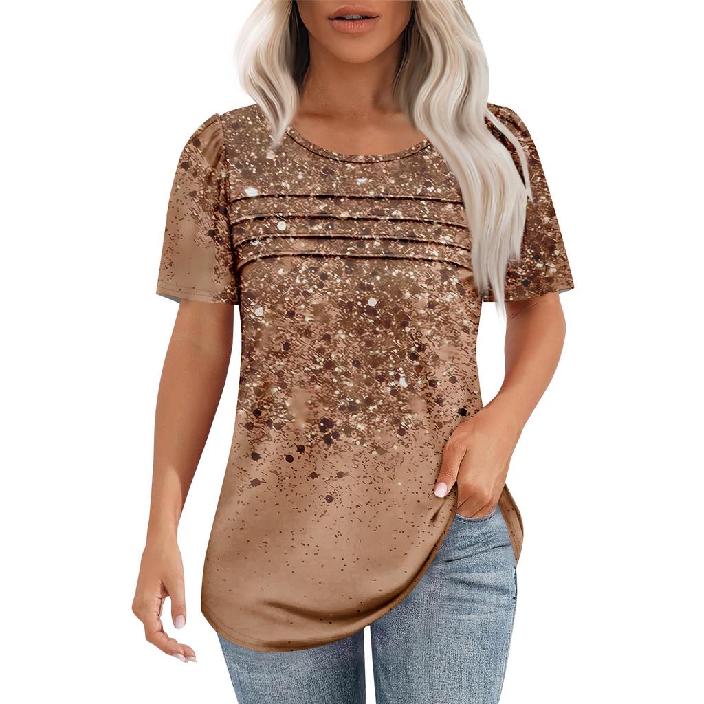 Ladies' Fashionable Printed Round Neck Pleated Short Sleeved Shirt