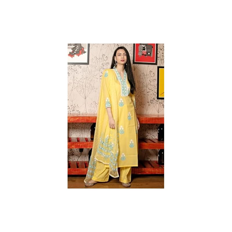 GoSriKi Women's Cotton Blend Straight Hand Block Printed Kurta with Pant & Dupatta (Belagavi Mustard-GS_XL_Mustard_X-Lar