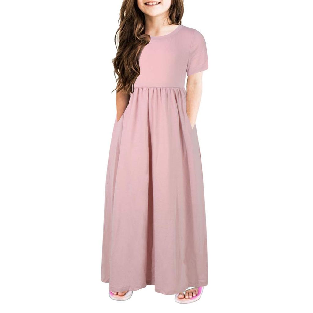 Летнее платье для девочек с круглым вырезом, короткими рукавами и карманами, длинной юбкой