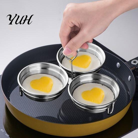 Kitchen Utensil for Eggs 3-Cavity Stainless Steel Egg Mold, 3-in-1 Poached Ring with Handles, Cooking Gadget Breakfast Non-Stick Heart & Round