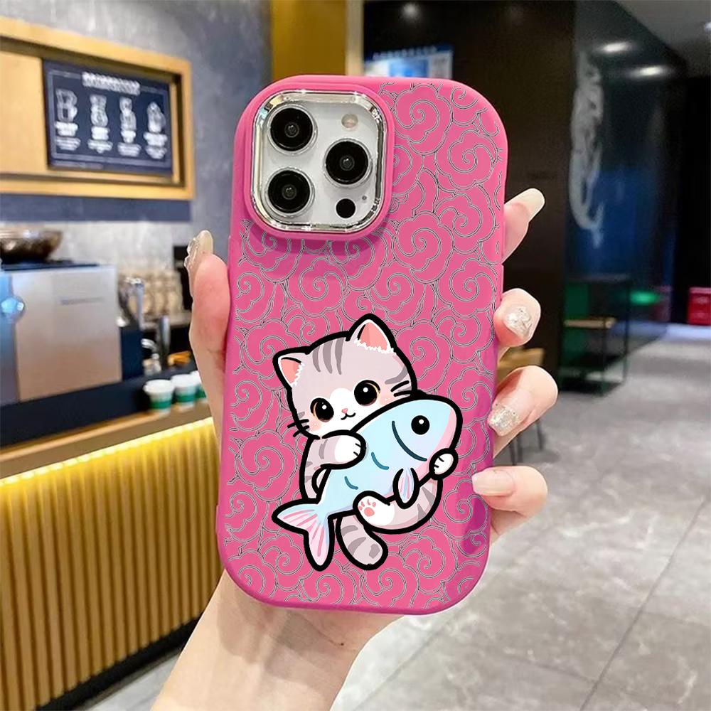 Phone case: 2D flat design suitable for iPhone 18 17 16 15 14 13 Pro protective case, couple style, gray cat hugging colorful fish, Christmas and Hall