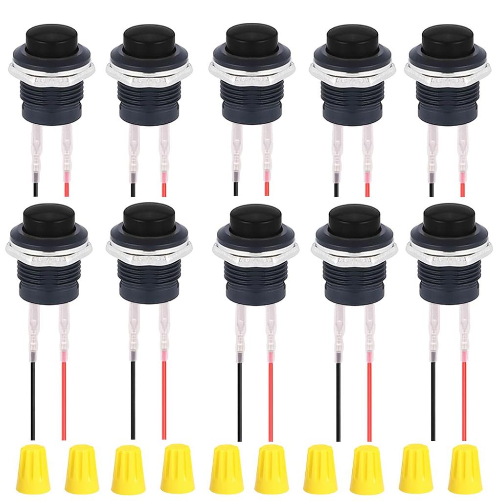 10Pcs 16mm Black Momentary Push Button Switch SPST ON Off Switch 3A 250V AC/6A 125V AC 2Pin Self-Resetting Round Switch with Locked Terminal Wires