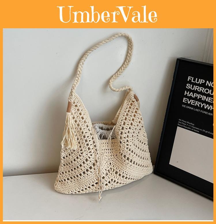 Casual Woven Shoulder Bag With Large Size And Tassel Drawstring Closure For Summer Holiday