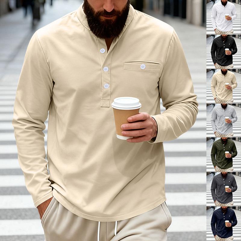 Мужская плотная свободная рубашка-henley с воротником-стойкой, длинным рукавом, в ретро-стиле, для высокой моды.