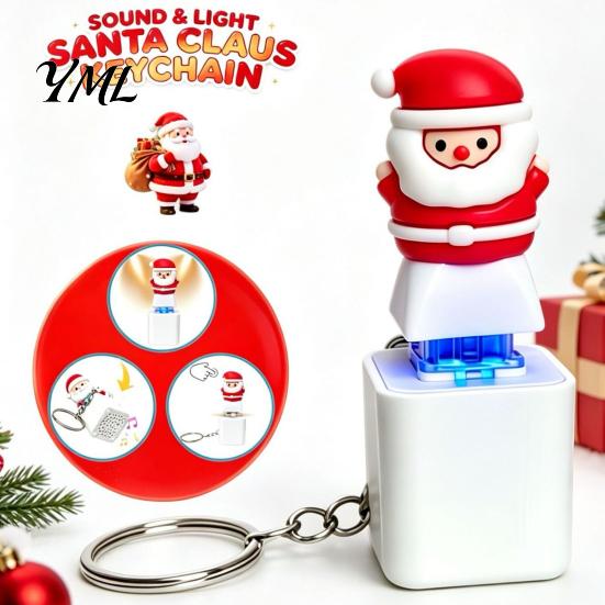 Glowing Christmas Ornament Santa Sound Light Keychain, Interactive with Festive Tunes, Claus Fidget Keychain USB-C Rechargeable Pendant for