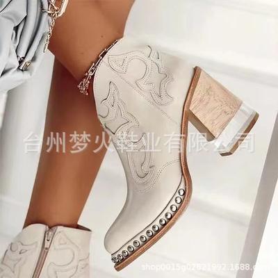 Остроносые Однотонные Текстильные Туфли на Грубом Каблуке Телесного Цвета из Вискозы Низкие Повседневные с Круглым Носком Ботинки Мартин