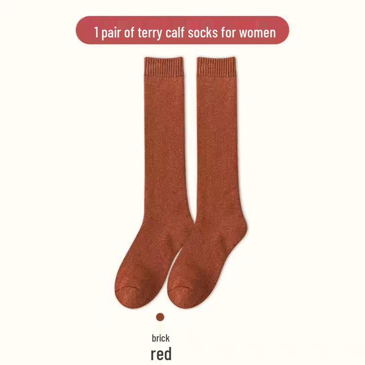 Women's Thick Terry Calf Socks - Warm Solid Color Towel Socks for Autumn and Winter