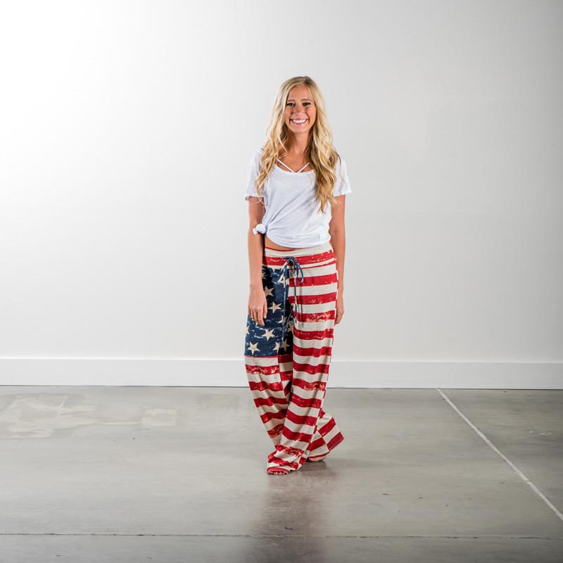 Женские повседневные брюки с высокой талией, принтом американского флага, на кулиске, свободные, широкие штанины, для лета