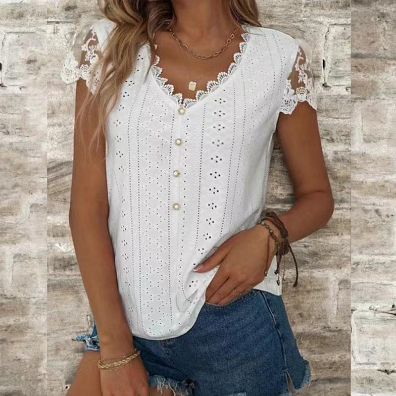 Summer Women's T-shirt Fashion Loose Solid Color Lace V-neck Short-sleeved T-shirt Tops