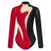 Womens Color Block Patchwork Leotard Sparkle Rhinestone Sheer Mesh Long Sleeve Bodysuit Gymnastics Acrobatics Dancewear