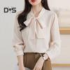 Женская рубашка со шнуровкой и бантом на воротнике, с длинным рукавом, повседневная рубашка, однотонная, свободная, шифоновая рубашка, топы, повседневная одежда