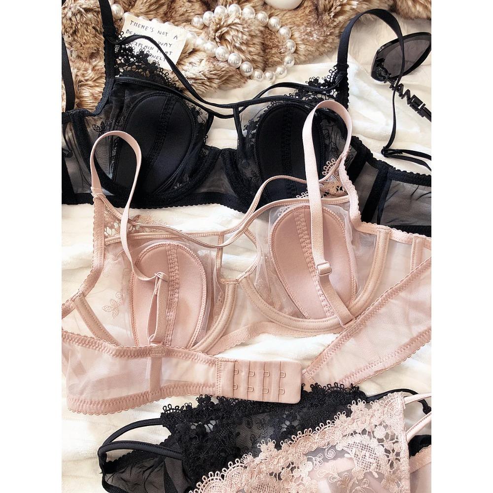 Сексуальное полое женское нижнее белье с кружевной цветочной вышивкой, французский ультратонкий бюстгальтер с пуш-апом, регулируемый ремешок, комплекты бюстгальтеров и трусиков