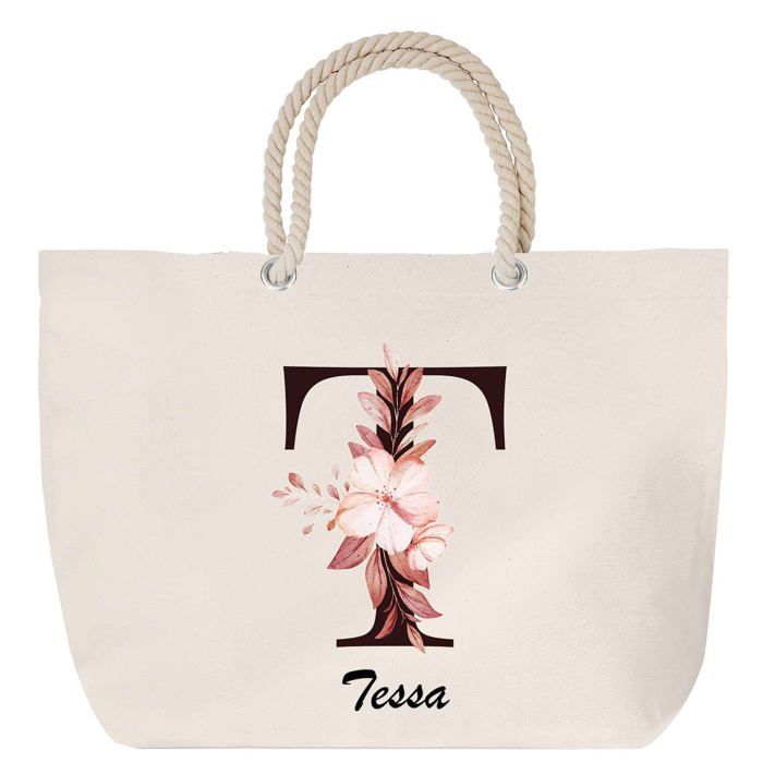 Sac de plage - PLANETEE - Tessa - Anse corde - Grand format - Lettre Fleur