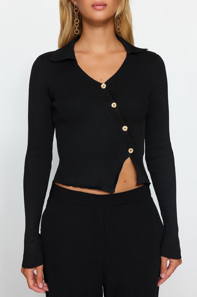 Женский элегантный стильный свитер, черный укороченный трикотажный свитер с воротником-поло