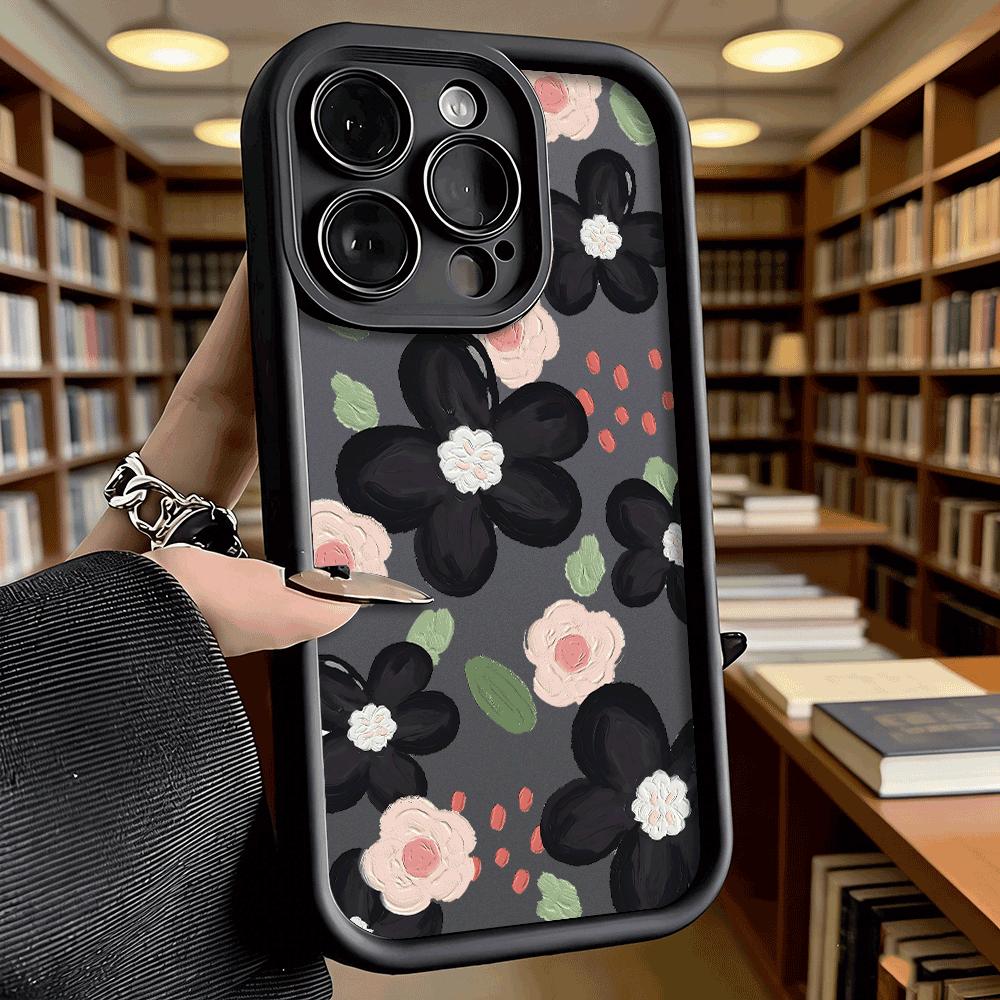 Black and Pink Floral Pattern Phone Case for iPhone 17 16 15 14 13 12 11 Pro Max Plus Anti Scratch, Gel Flexible Protective