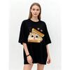 Oversized T Shirt Black Cat With Toast Print And Text For Casual Wear