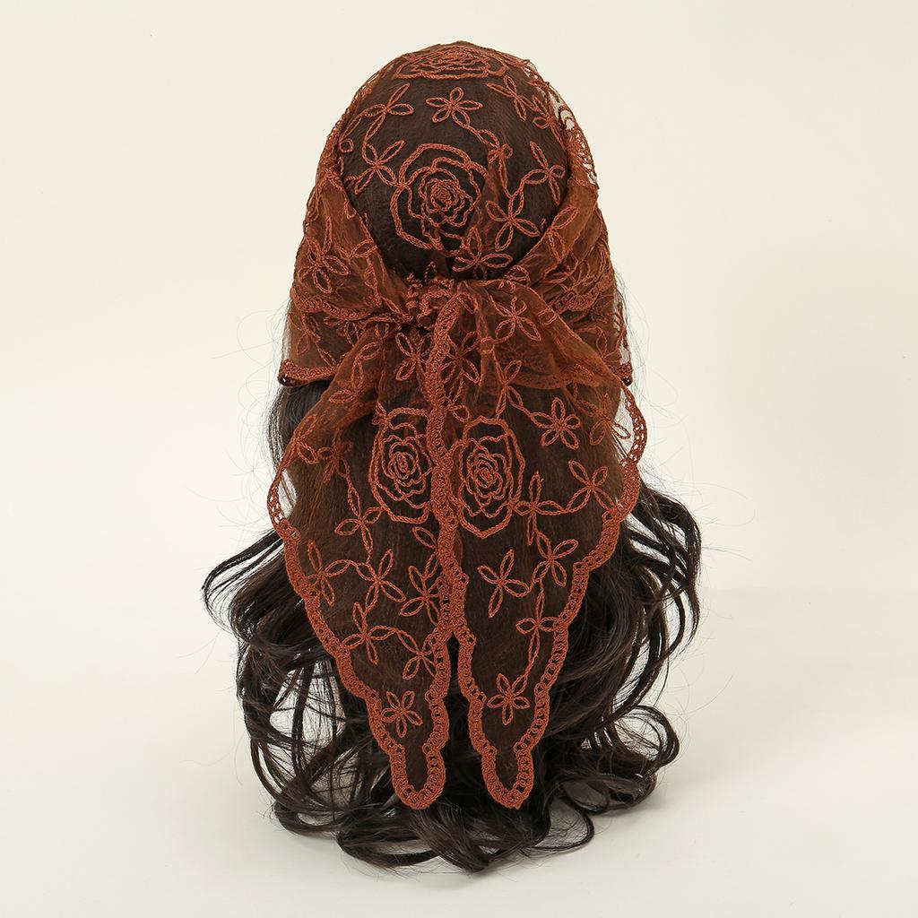 Rhinestone Embroidered Floral Square Lace Scarf For Woman Turban Summer Sun Protection Wraps Ladies Bandana Travel Soft Headband